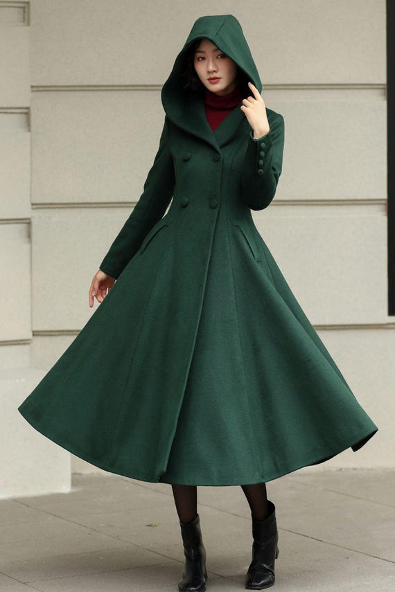 Dark Green Hooded Wool Coat: Fit and Flare Mid-calf Swing Coat