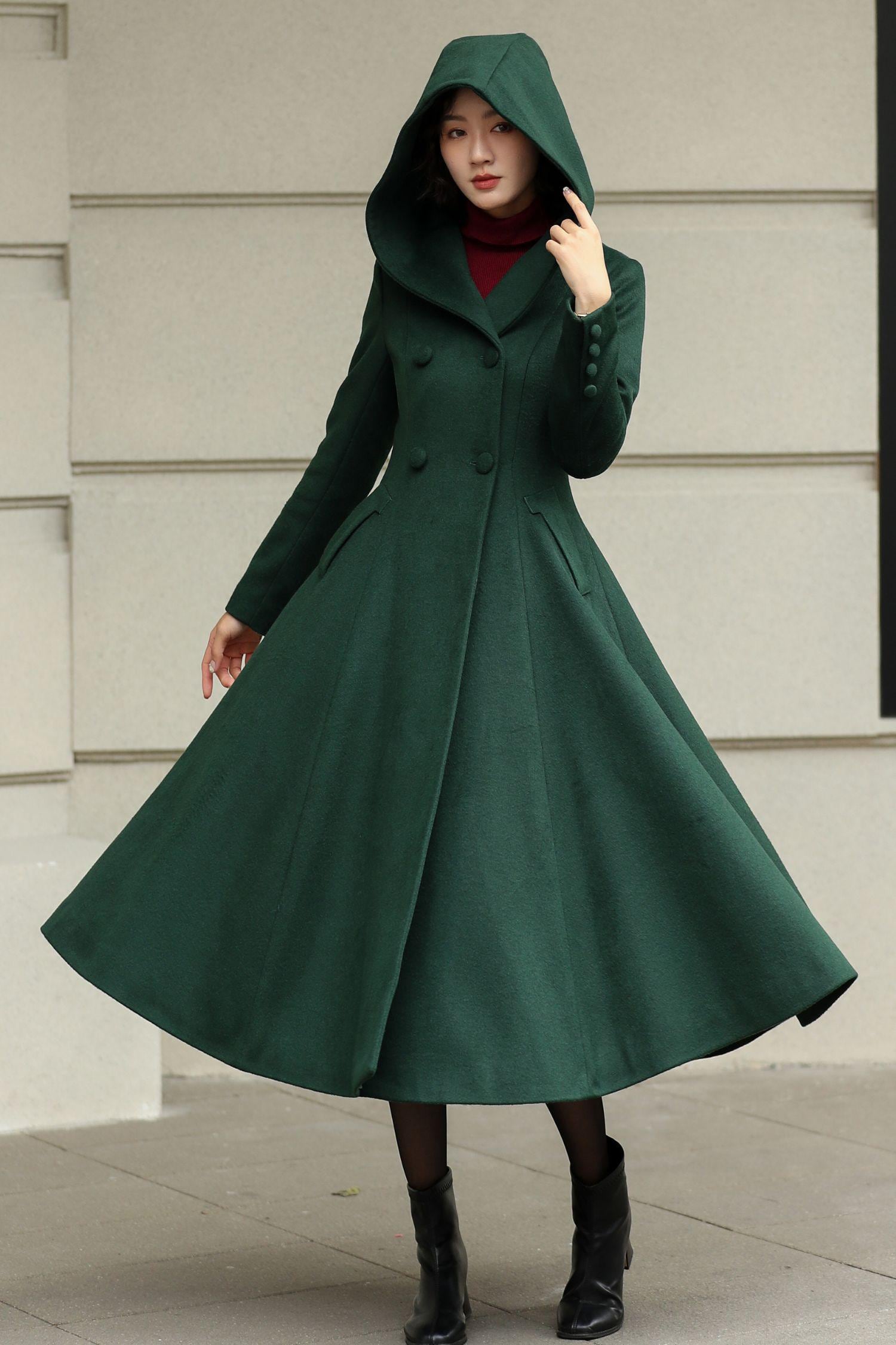 Green Hooded Trench Coat: Fit and Flare Mid-calf Swinging Coat