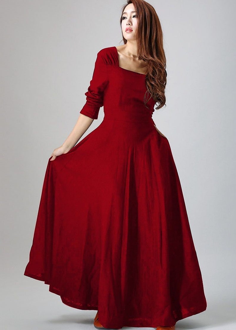 Linen dress, Long sleeve Linen Maxi dress with pockets, Women Linen dress, Black Linen dress, Spring autumn dress, Custom dress 0793 1-Red
