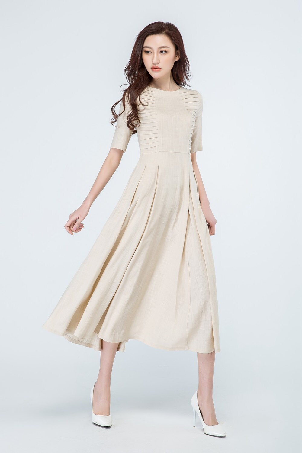 Summer Linen Dress Beige Dress Midi Dress Pleated Dress - Etsy UK
