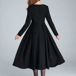 Black Winter Midi Wool Dress, Boat Neck Pleated Dress, Long Sleeve Dress with Pockets, Fitted and Flare Dress, Retro Day Dress 1622 image 6