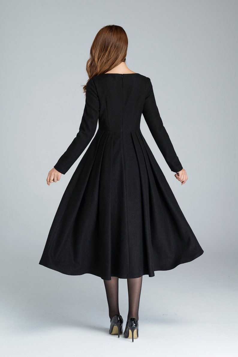 Black Winter Midi Wool Dress, Boat Neck Pleated Dress, Long Sleeve Dress with Pockets, Fitted and Flare Dress, Retro Day Dress 1622 image 6