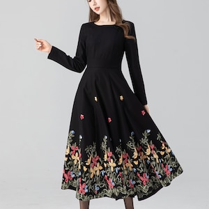 Midi wool dress, Black embroidered dress, Long sleeve wool dress, Fit and flare dress, Swing winter dress, Custom dress, Xiaolizi 4663 image 8