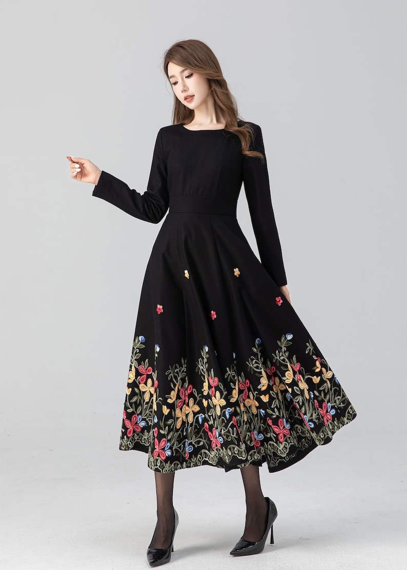 Midi wool dress, Black embroidered dress, Long sleeve wool dress, Fit and flare dress, Swing winter dress, Custom dress, Xiaolizi 4663 image 8