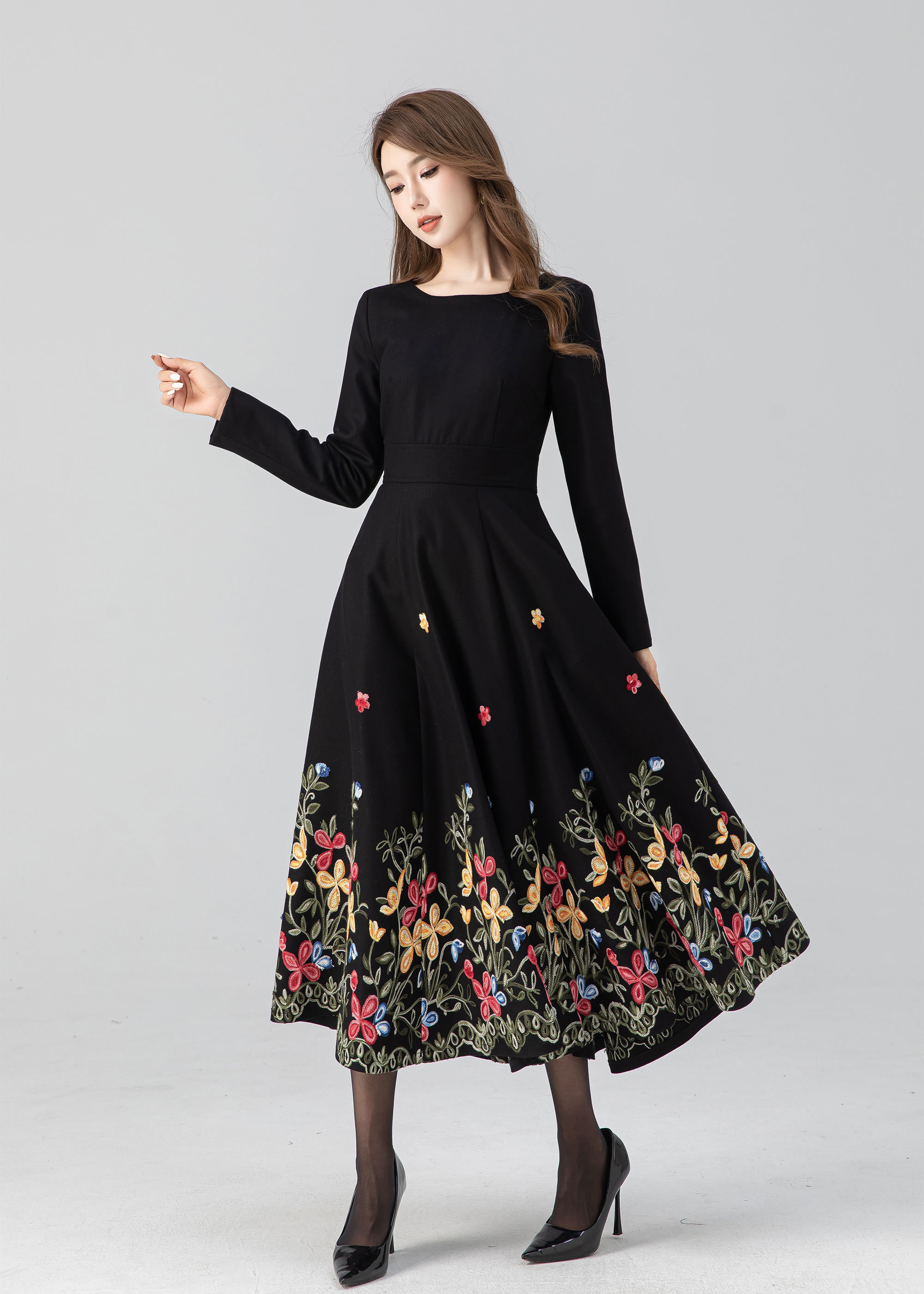 Wool Midi Flare Dresses | Xs Black Fit and Embroidered Dress 4663 Handmade by Xiaolizi