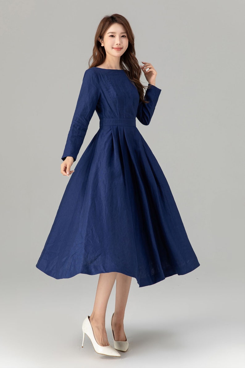 Leinenkleid, Midi Leinenkleid, Leinenkleid für Frauen, Frühlings und Sommerkleid, Swing-Kleid, Blaues Leinenkleid, Kleid nach Maß, Xiaolizi 4925 Bild 6