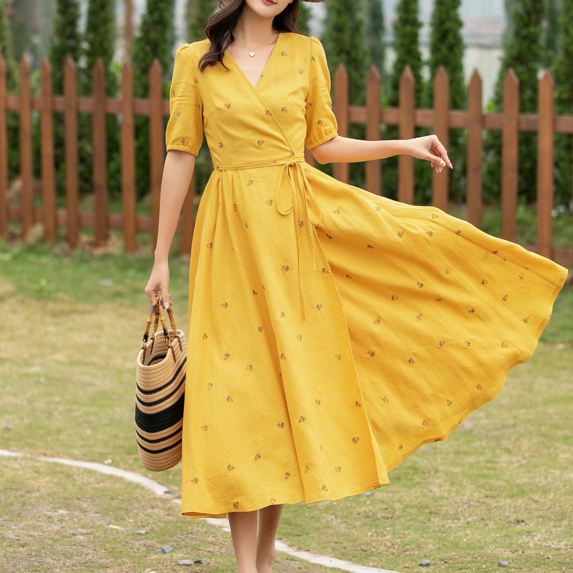 Wrap Linen Dress, Floral Short Sleeve Swing Linen Midi Dress