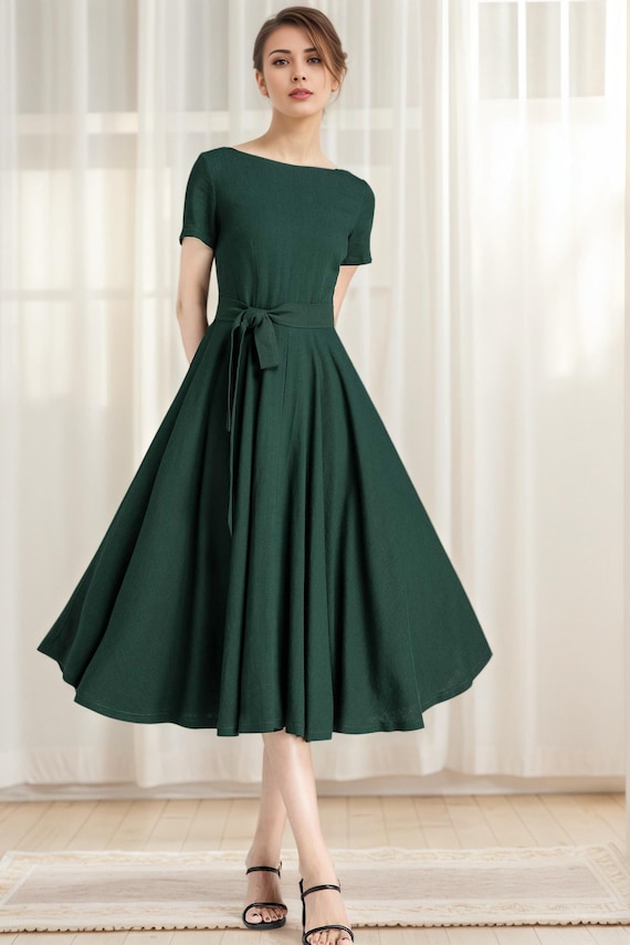 slim fit dress slacks Green Fit and Flare Dress Short Sleeve Ruched main image 1