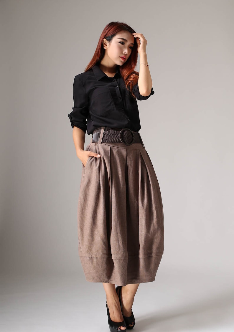 Plus size skirt brown linen skirt midi skirt bubble skirt | Etsy