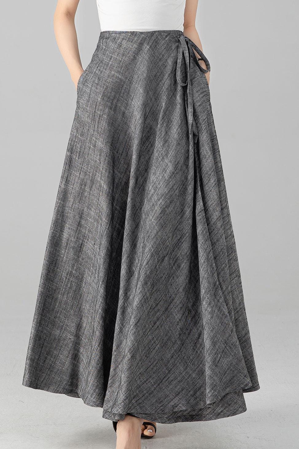 Linen Wrap Skirt, Grey Swing Maxi Linen Skirt, Summer Spring