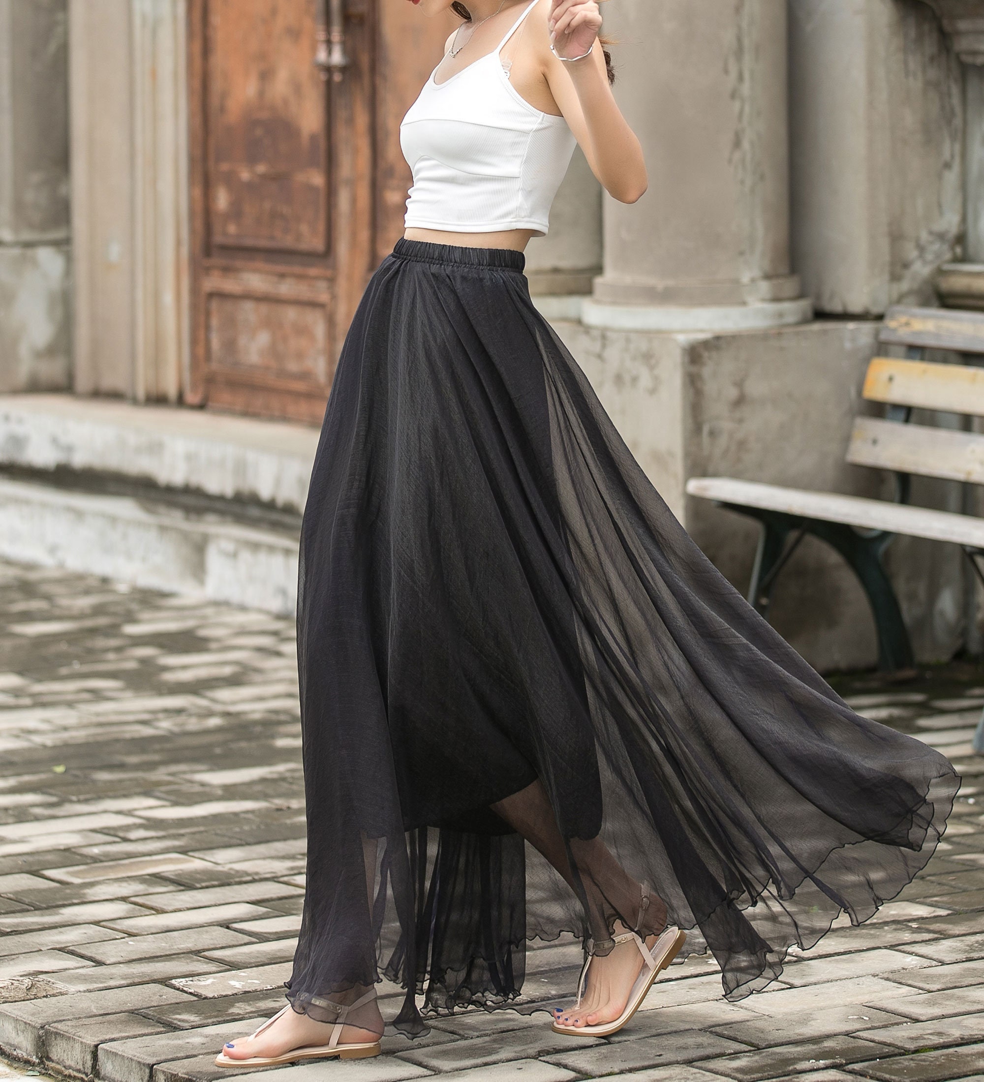 Elastic Waist Boho Chiffon Maxi Skirt, Women Black Beach Elastic Waist Boho Chiffon Maxi Skirt, Women Black Beach