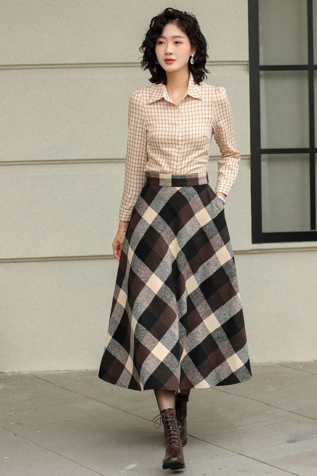 Wool Plaid High Waist A-Line Skirt main image 0