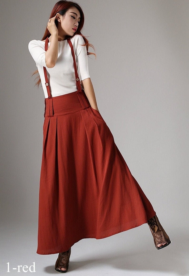 Linen Suspender Skirt Women, High Waisted Maxi Skirt with Pockets, Red Skirt, Custom Made Skirt, Casual Linen Skirt, Summer Fall Skirt 1035 1-red-1035