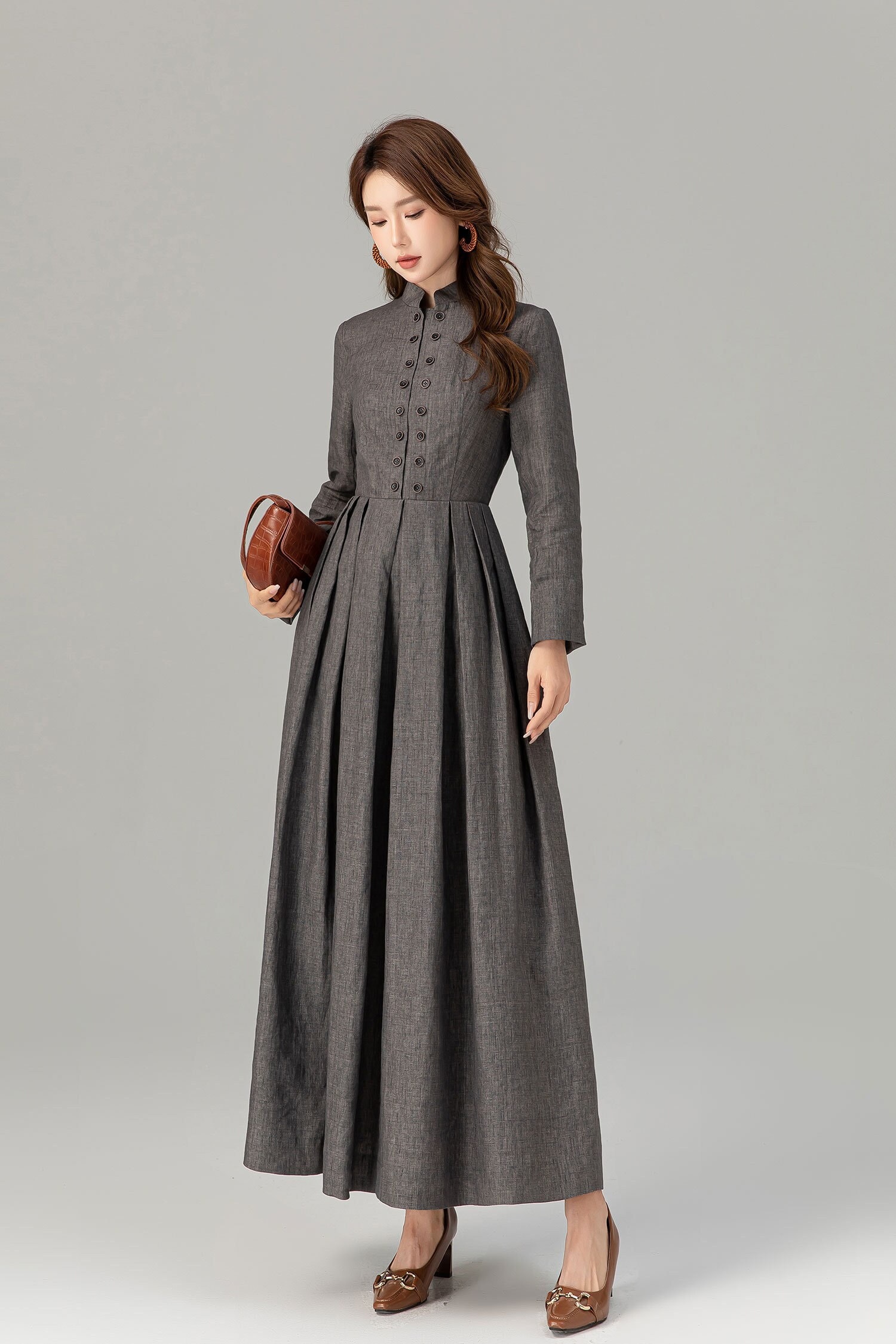 'S SOLEZIA[ソレジア] Linen Belted Long Dress Linen Dress, Maxi Swing Linen Dress, Long Linen Dress