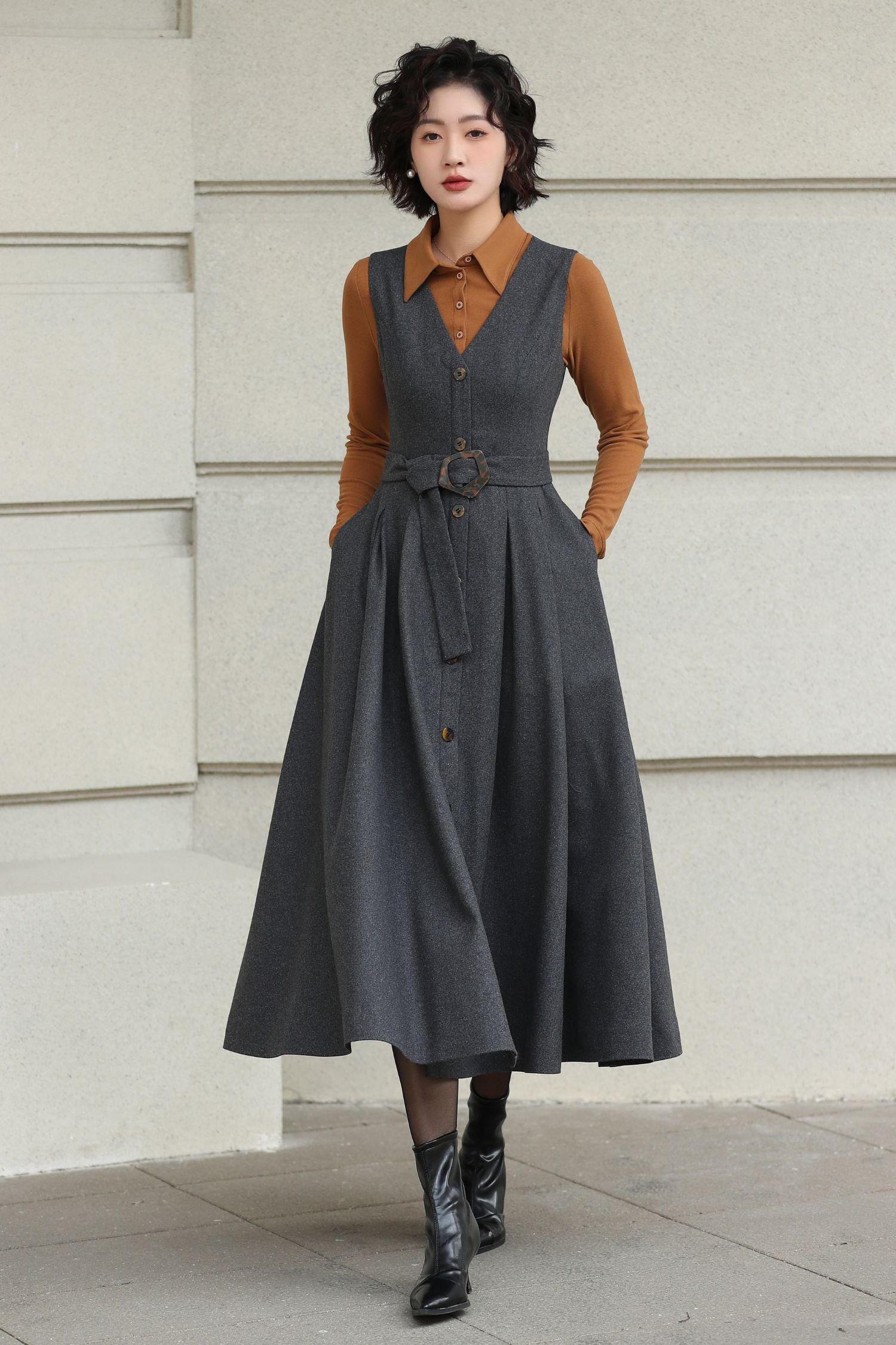 Gray Wool-blend Pinafore Dress: Vintage Style Sleeveless A-line