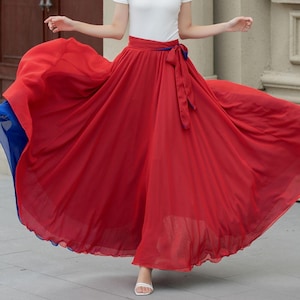 Travel beach Chiffon Maxi Skirt Women, Summer Red and blue skirt, Swing Full Circle Skirt, Boho Elastic Waist Skirt, Plus Size Skirt 5108