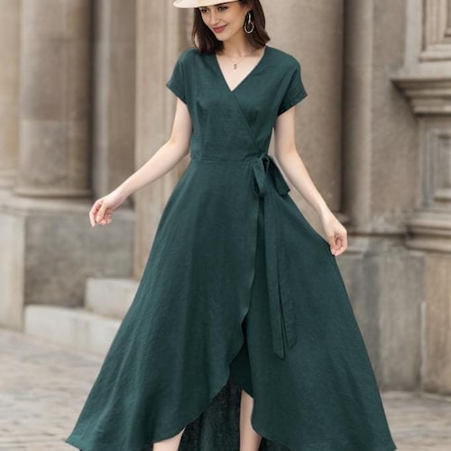 Linen Summer Dress | Xs Green Short Sleeve Wrap 5142 Handmade By Xiaolizi Linen Summer Dress | Xs Green Short Sleeve Wrap 5142 Handmade By Xiaolizi