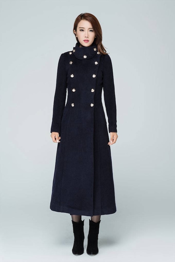 Long Navy wool coat, Vintage wool Military Style Double Breasted long Winter Trench Coat, womens coat with stand up collar 1596# Long Navy wool coat, Vintage wool Military Style Double Breasted long Winter Trench Coat, womens coat with stand up collar 1596#