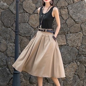 Pleated swing midi skirt, Midi Linen Skirt, Swing Linen Skirt With Pockets, Womens Skirt, A Line skirt, Xiaolizi, Handmade skirt 2882 image 2