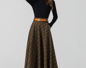 High Waisted Wool Plaid Skirt