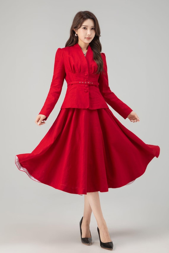 Red Linen Two-Piece Set – Vintage Tailored Blazer & Midi Skirt 5759 Red Linen Two-Piece Set – Vintage Tailored Blazer & Midi Skirt 5759
