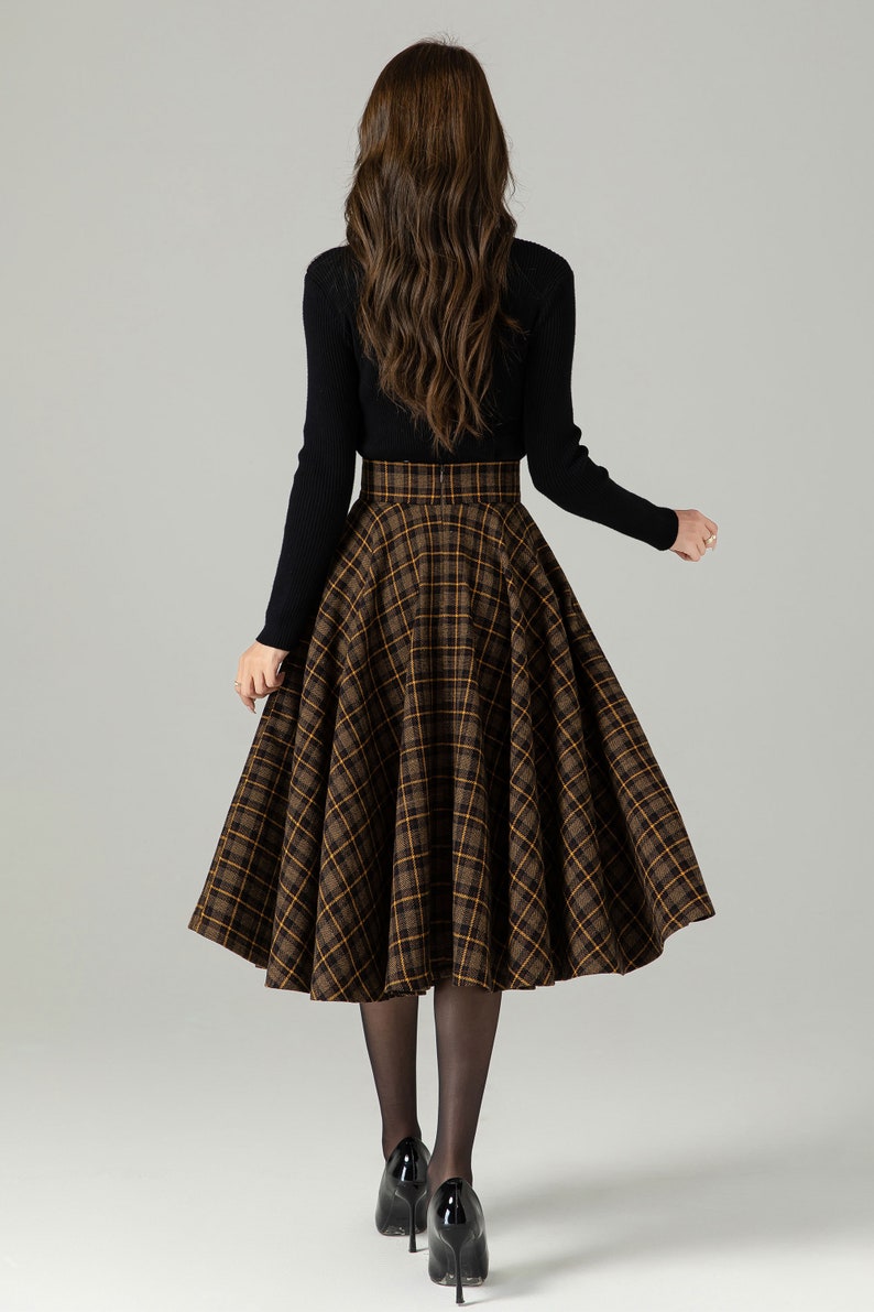 Jupe midi à carreaux en laine, Jupe trapèze en laine, Jupe cercle en laine, Jupe hiver automne femme, Jupe taille haute en laine, Jupe en laine tartan rétro 4498 image 6