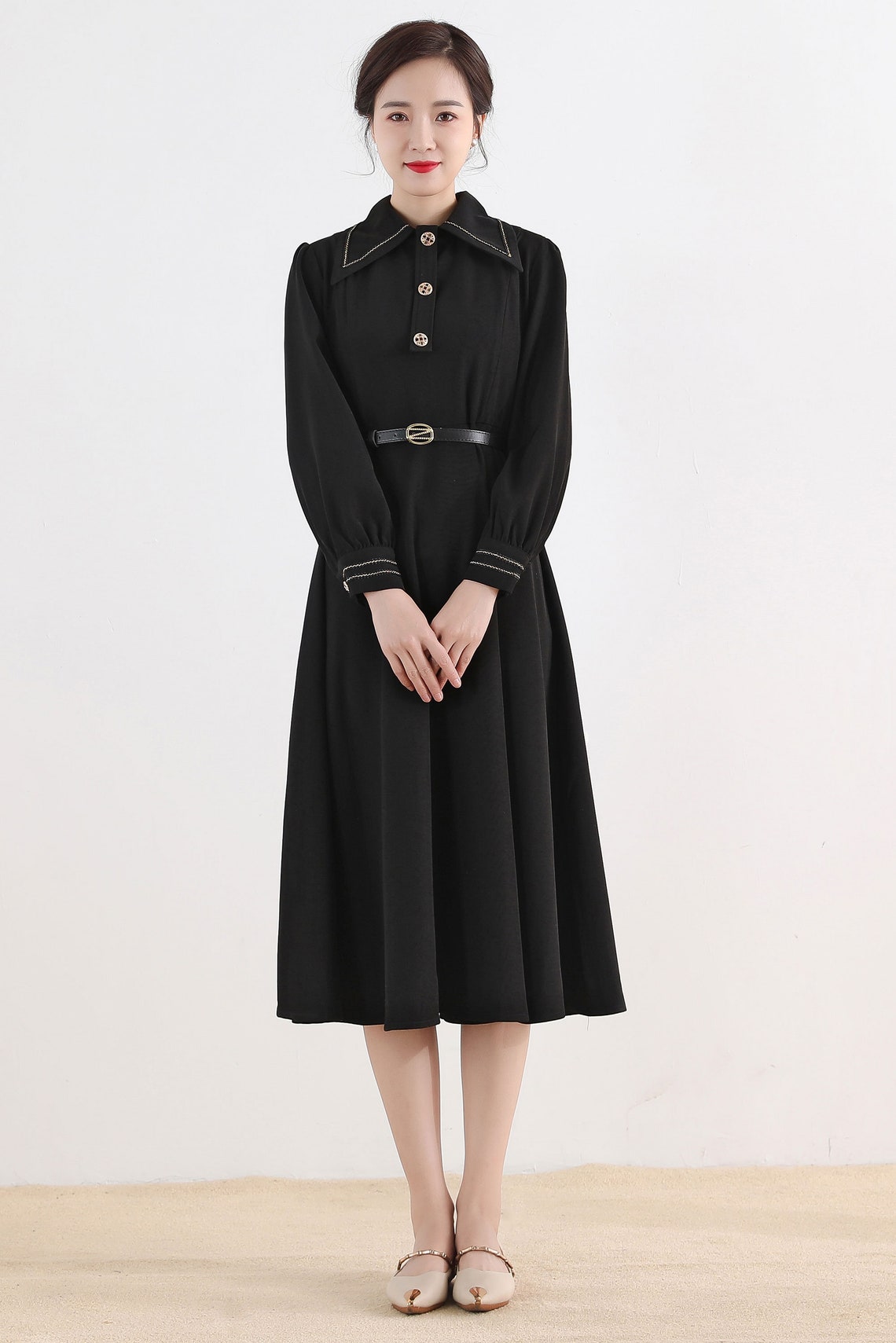 Long sleeve Shirtwaist Dress Vintage inspired Black midi Etsy