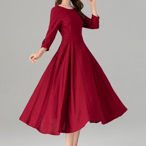 Black dress, linen dress, maxi dress, pleated dress, party dress, evening dress, round collar, 3/4 sleeves dress, ladies dresses 1728 Red