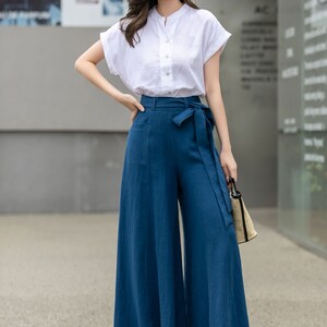 Womens Palazzo Belted Linen Pants, High Waisted Long Trousers, Blue Linen Pants, Women Wide Leg Pants, Custom Pants, Xiaolizi 4276 image 7