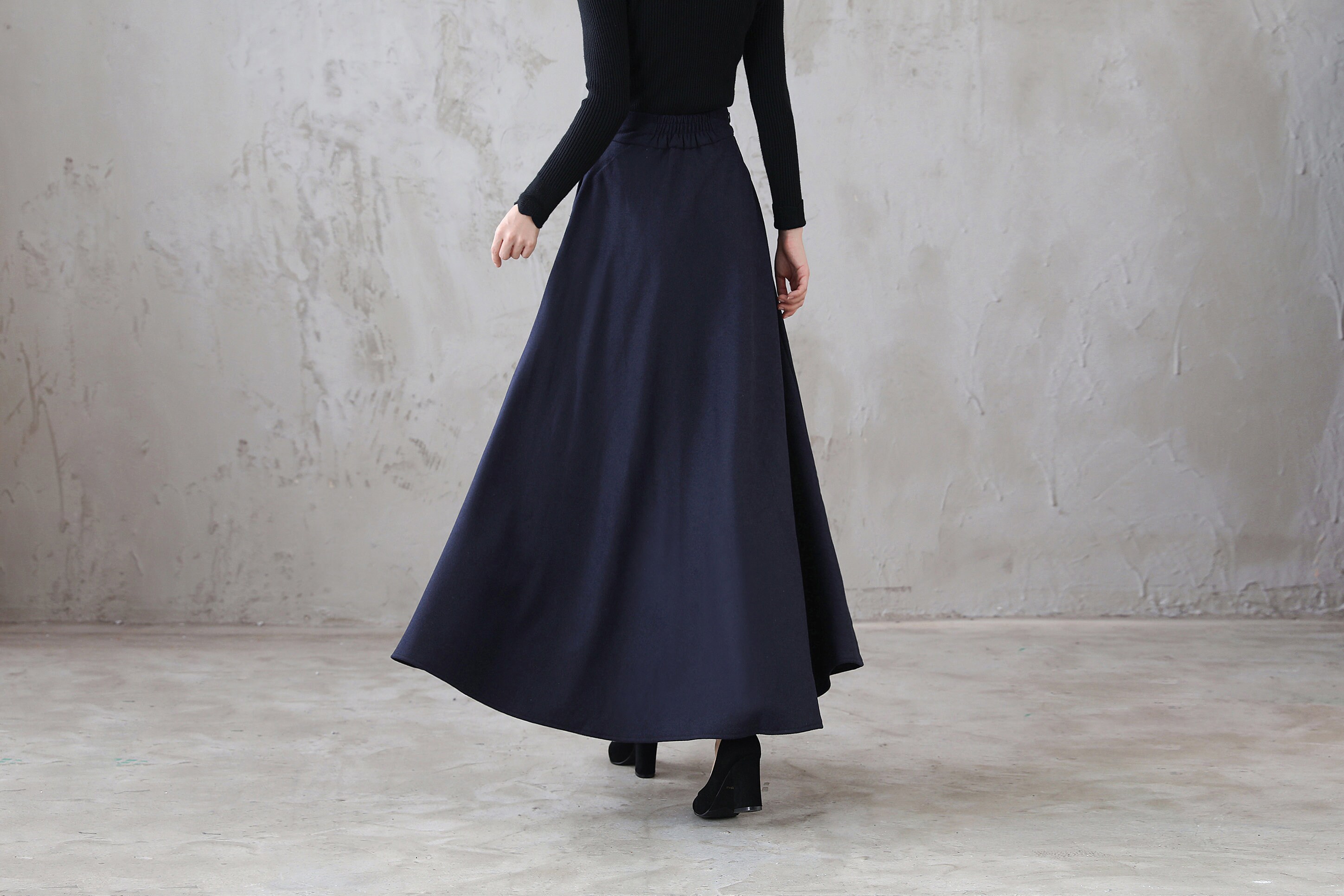 Blue Wool Maxi skirt Long wool skirt A line wool skirt with pockets High waist skirt Plus size skirt winter skirt for women 3116