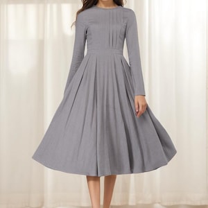 Gray dress women, Crew Neck Linen dress, Long sleeve Linen midi dress, women dresses formal, pleated dress, spring dress, party dress 1696#