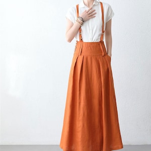 Linen Suspender Skirt Women, High Waisted Maxi Skirt with Pockets, Red Skirt, Custom Made Skirt, Casual Linen Skirt, Summer Fall Skirt 1035 4-orange