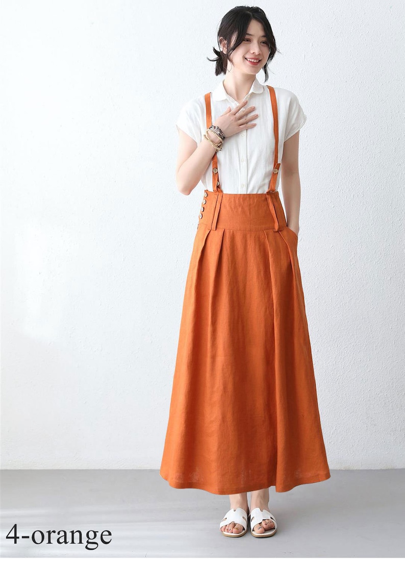 Linen Suspender Skirt Women, High Waisted Maxi Skirt with Pockets, Red Skirt, Custom Made Skirt, Casual Linen Skirt, Summer Fall Skirt 1035 4-orange