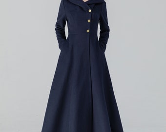 コート NAVY WOOL COAT Navy Blue Wool Coat, Long Swing Wool Coat, Hooded Wool Coat