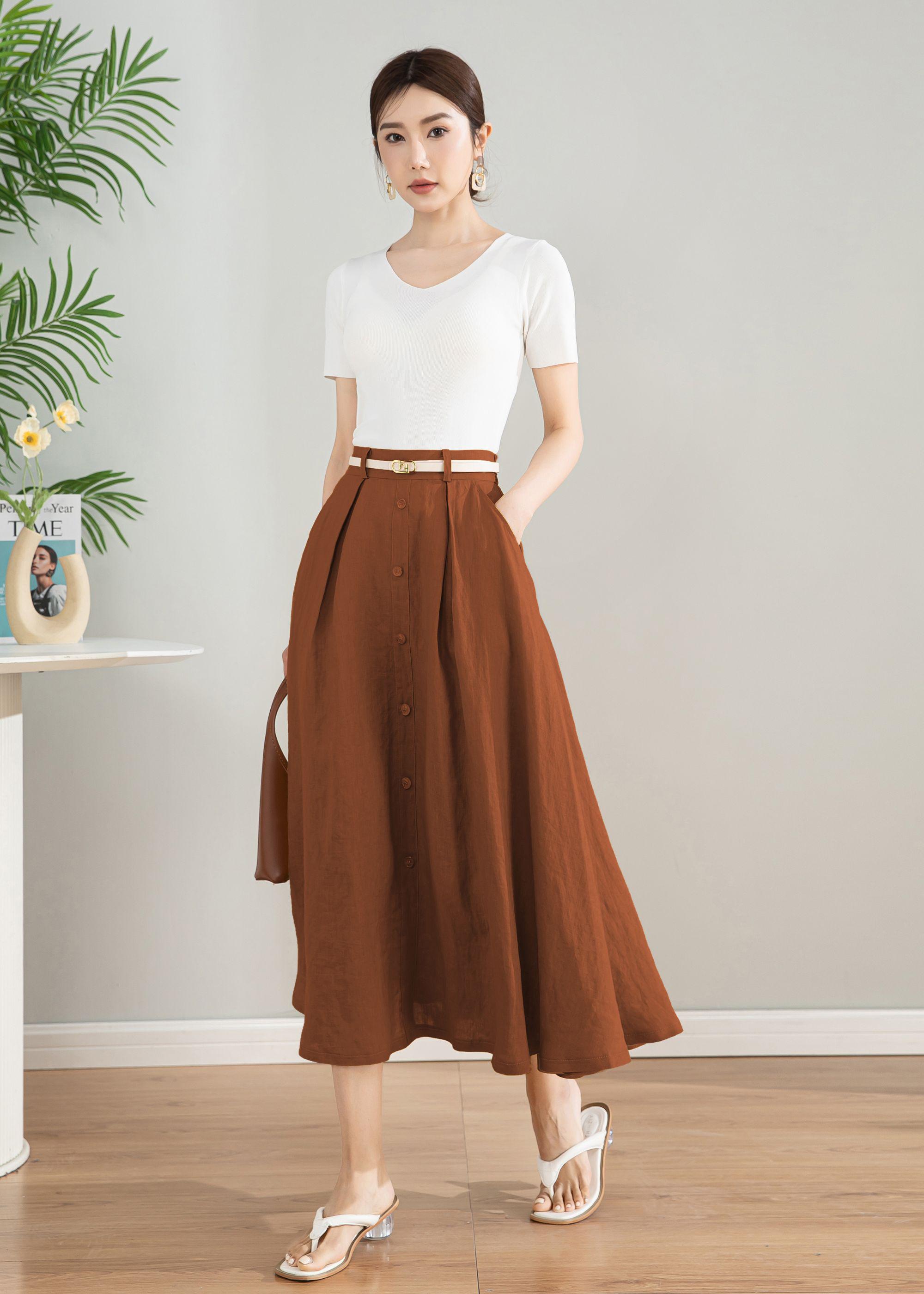 Linen Midi Skirt, Button Front A-line Swing Skirt With Pockets