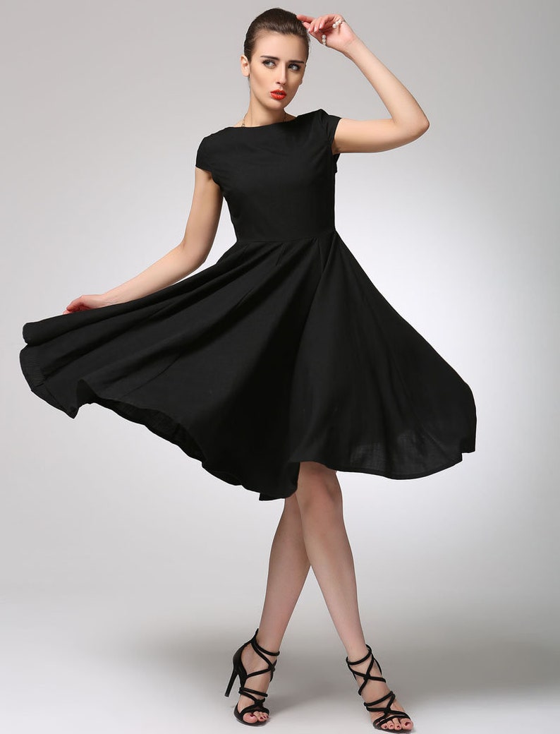 Little black dress Knee Length Swing dress Cap sleeve Modest | Etsy