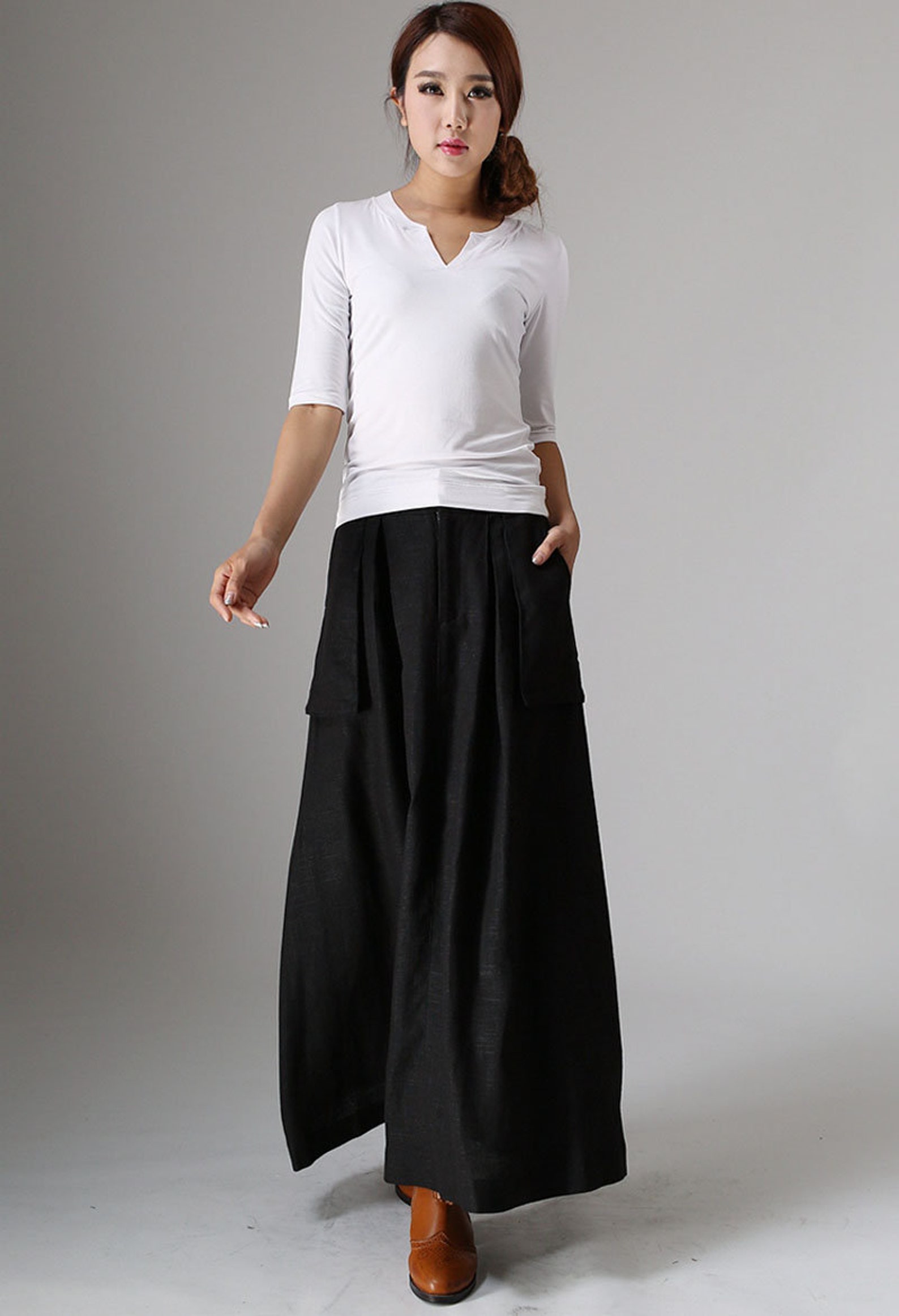 Long black A line skirt pockets skirts linen skirt womens | Etsy