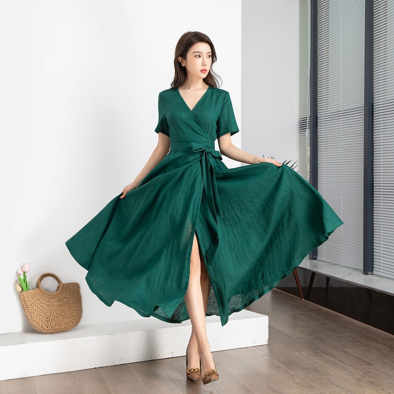 Green Wrap Linen dress, Summer Linen Maxi dress, Womens dress, Long Linen dress, Dress with pockets, Short Sleeve dress, Custom dress 4248 Green