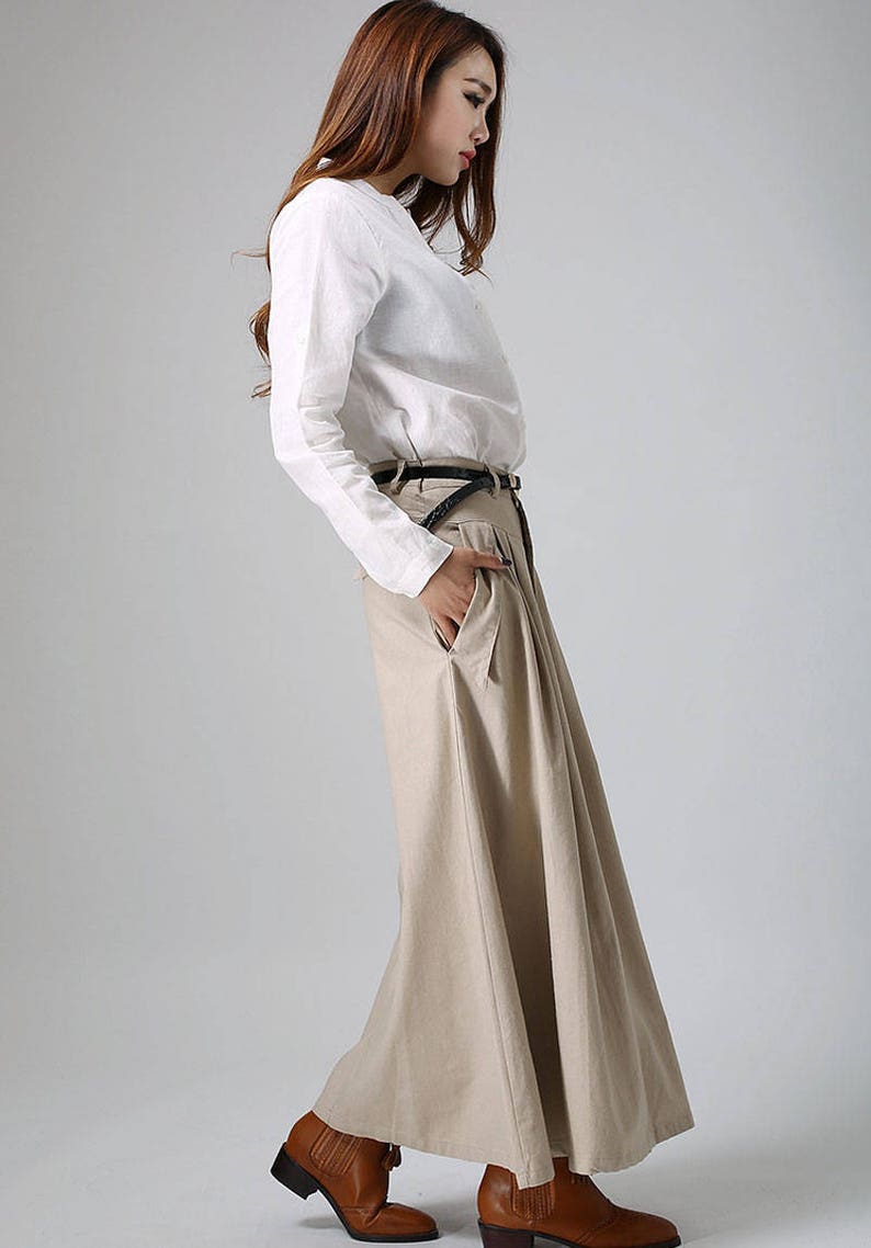 Khaki skirt, maxi skirt, long skirt, casual skirt, linen skirt, summer skirt, pleated skirt, fitted skirt, pockets skirt, gift ideas 0903 image 7