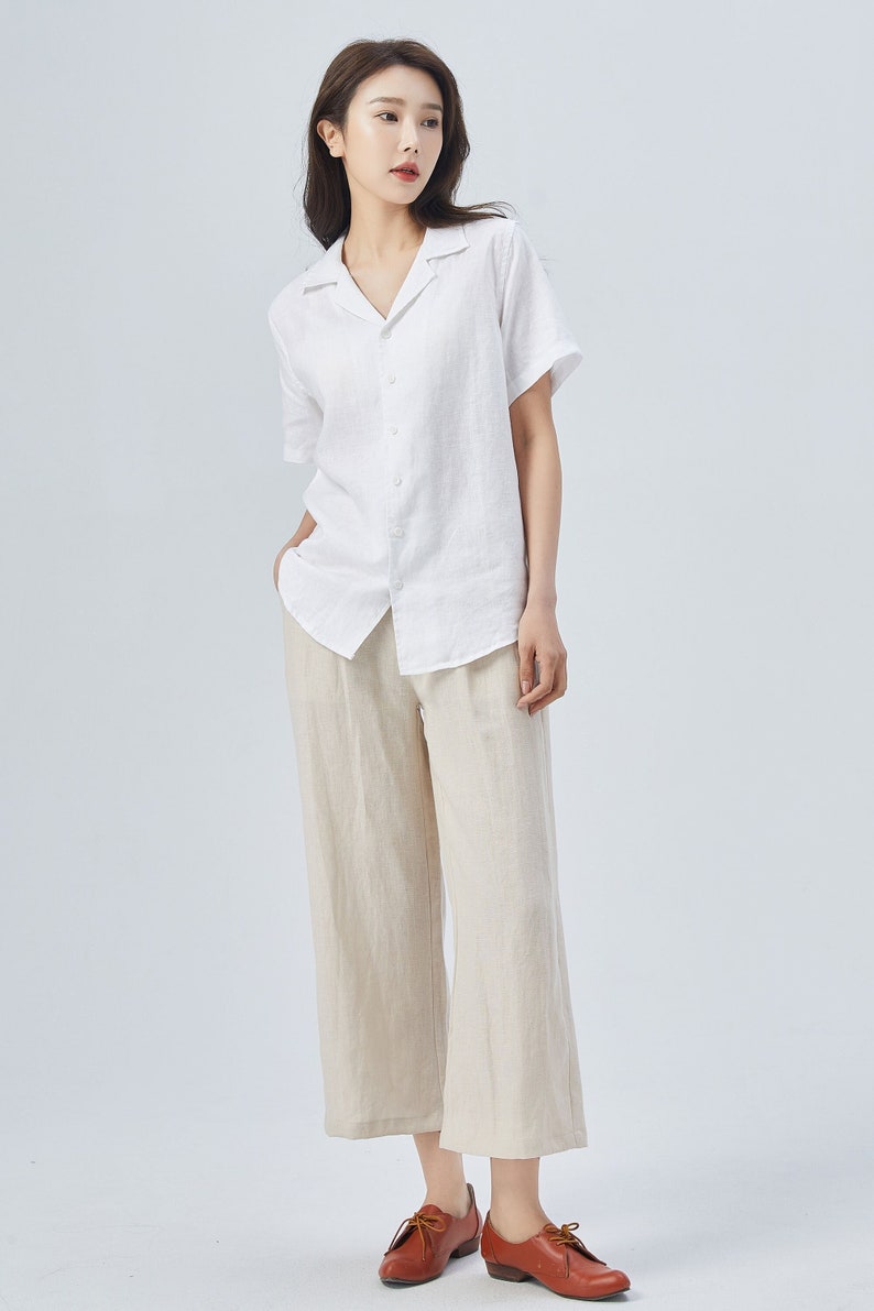 White Linen Shirt, Linen Tops for Women, Linen Button Up Shirt, Linen Shirt Women, Casual Womens Blouses, Linen blouse, Xiaolizi 4148 image 4