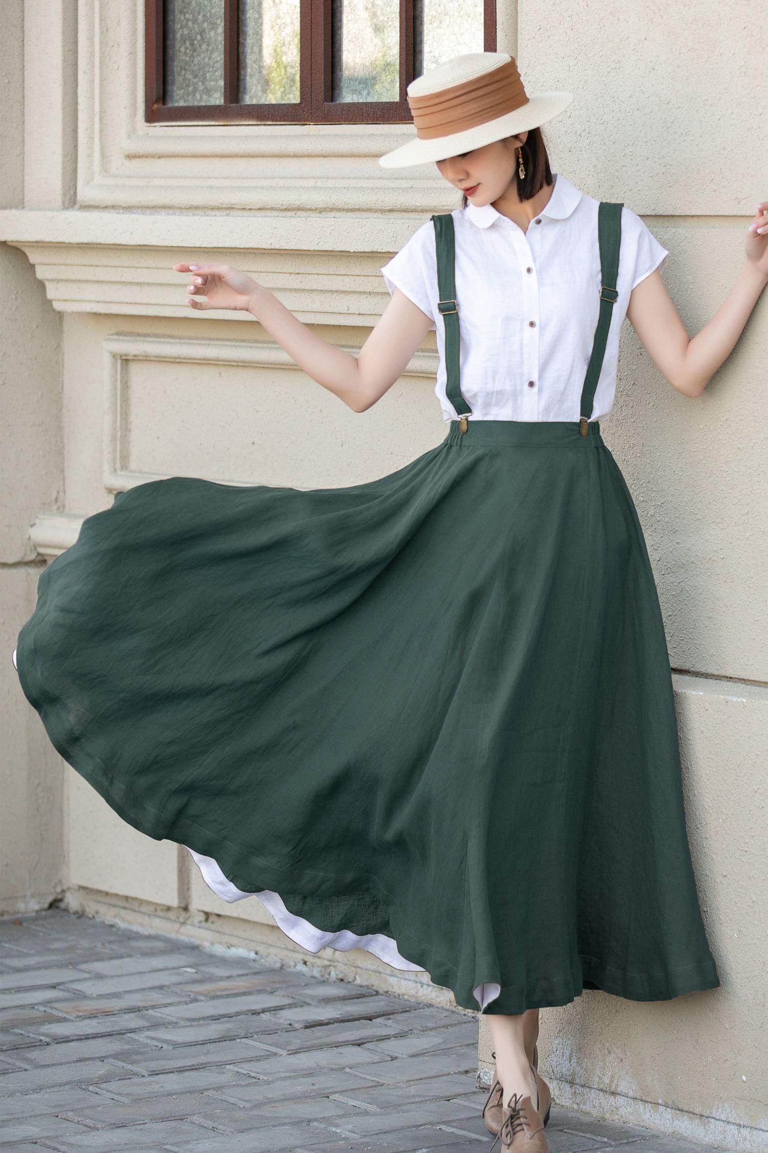 Green Linen Suspender Skirt - High-waisted A Line Midi Skirt for