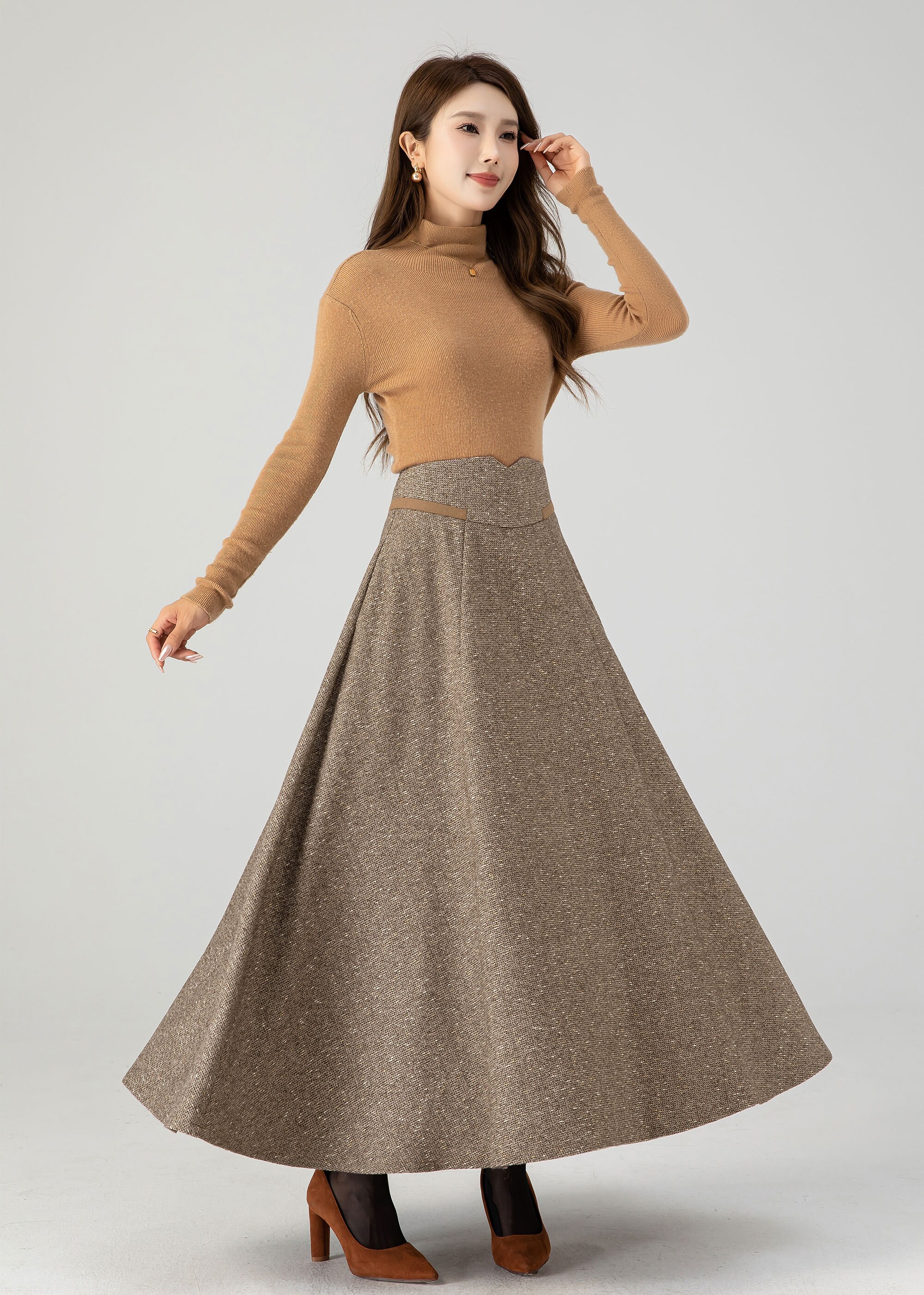  Ylingjun Warm Long Wool Skirt for Women Winter Fall