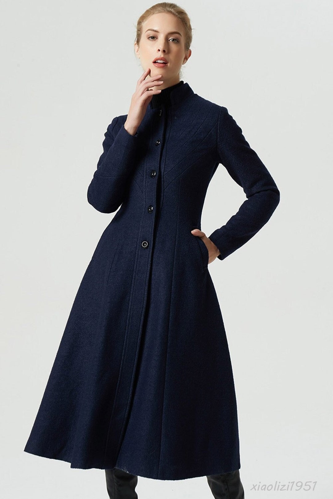 Midi Wool Coat, Warm Winter Coat Women, Navy Wool Coat, Women Coat for ...