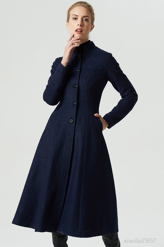 Midi Wool Coat, Warm Winter Coat Women, Navy Wool Coat, Women Coat