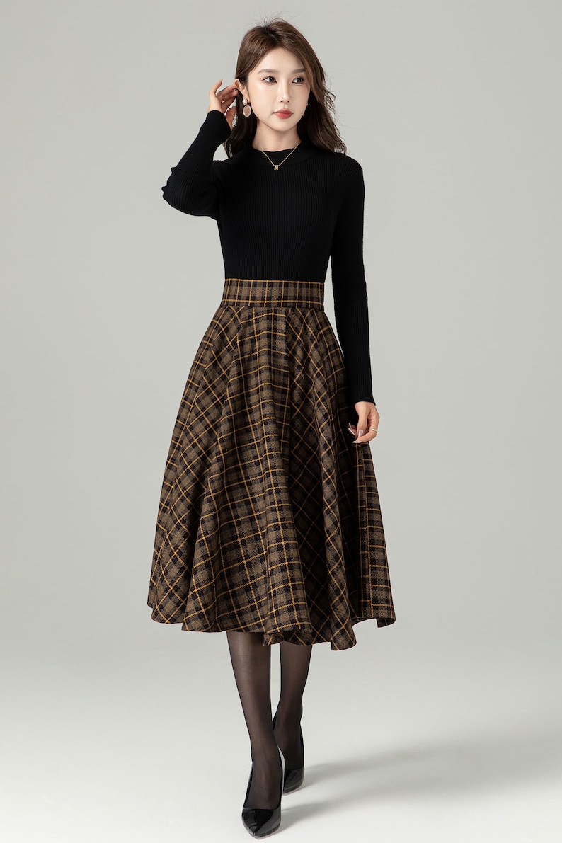 Midi-Woll-Karorock, Swing-Wollrock, Woll-Kreisrock, Winter-Herbst-Rock für Damen, hoch taillierter Wollrock, Retro-Tartan-Wollrock 4498 Bild 8