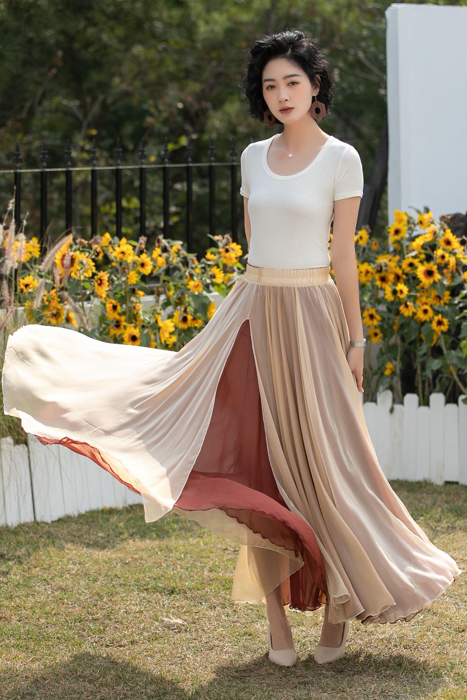 Red Chiffon Maxi Skirt: High Waisted Full Circle Swing Skirt