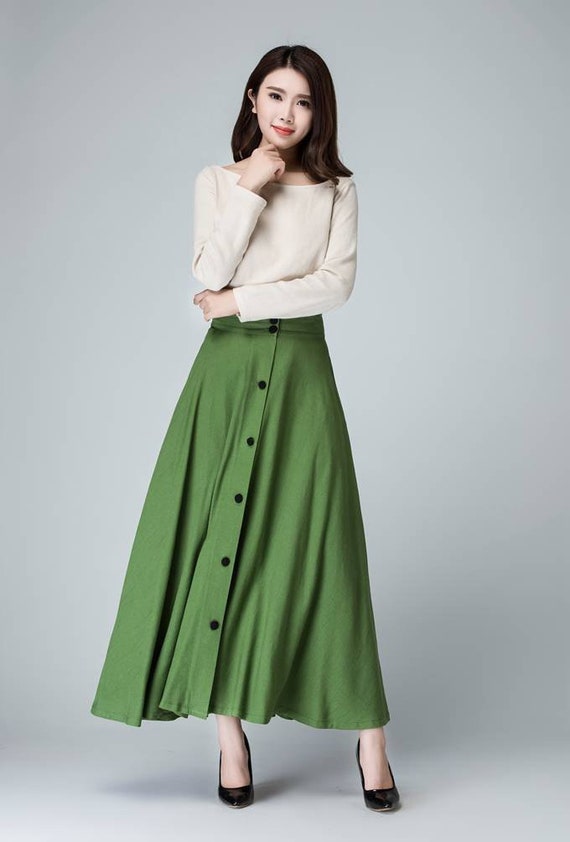 Button Front Cotton Linen Maxi Skirt, Linen Skirt, A Line Green