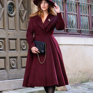 Wool Princess coat, Dress Coat, 1950s Vintage inspired Swing coat, Long wool coat women, winter coat women, fit and flare coat 1640 Burgundy