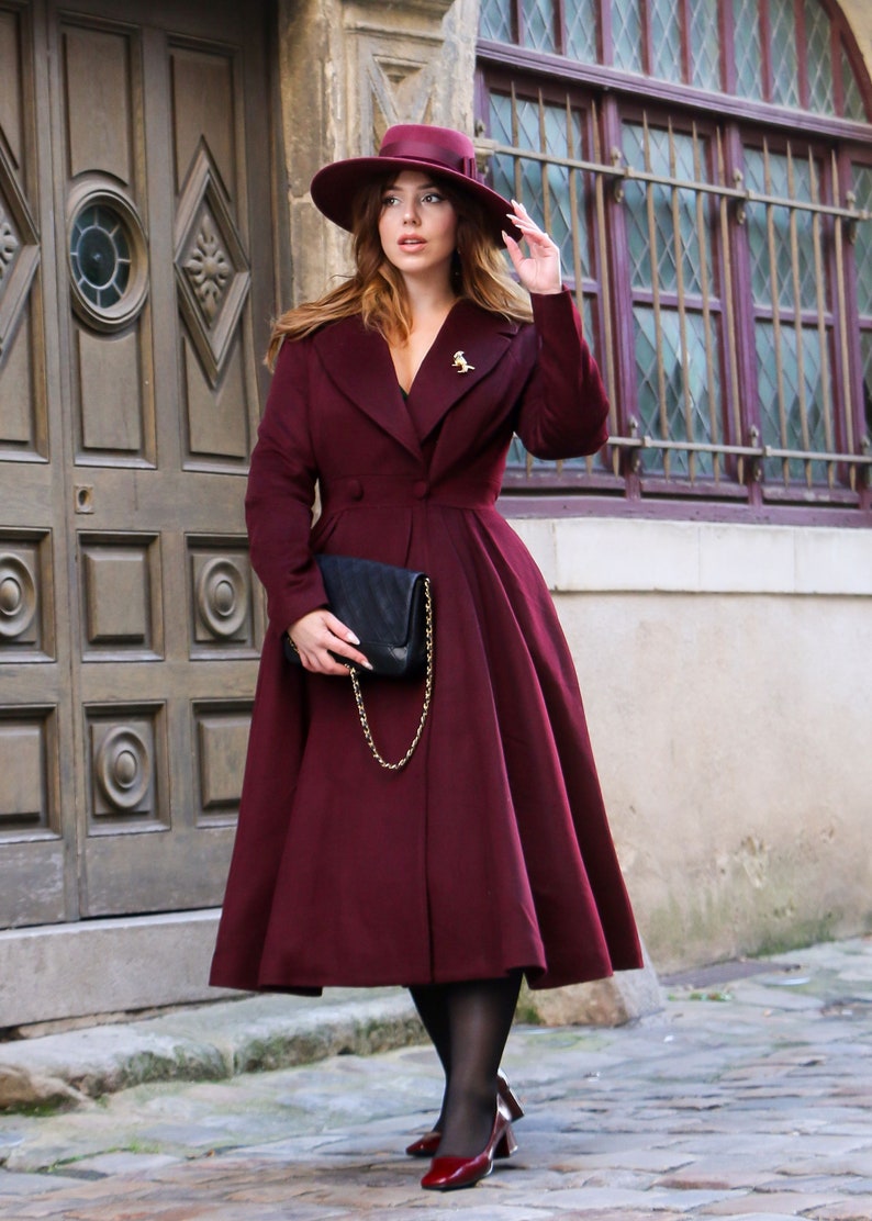 Wool Princess coat, Dress Coat, 1950s Vintage inspired Swing coat, Long wool coat women, winter coat women, fit and flare coat 1640 Burgundy