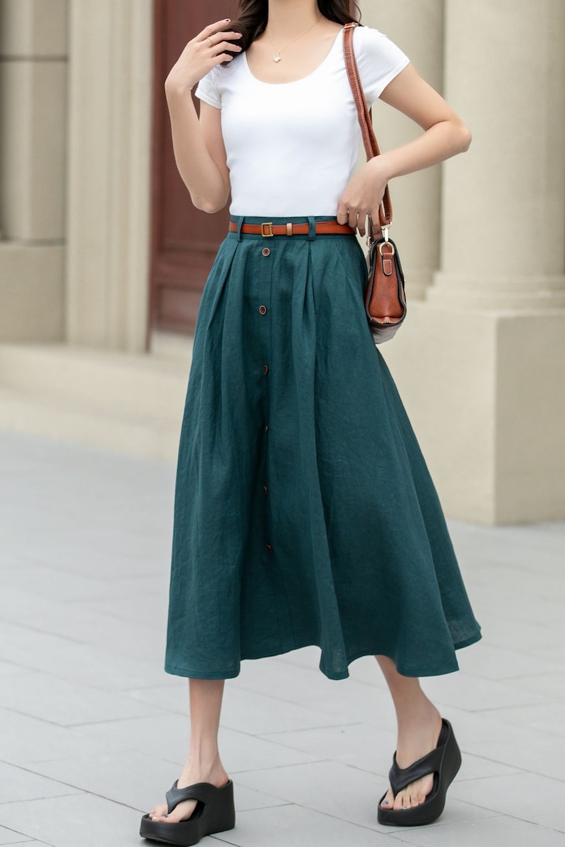 Linen skirt, Women's Midi skirt, A-Line linen Skirt, Button front Skirt, Dark Green Midi skirt with pockets, Plus size Skirt, Xiaolizi 4970 image 7